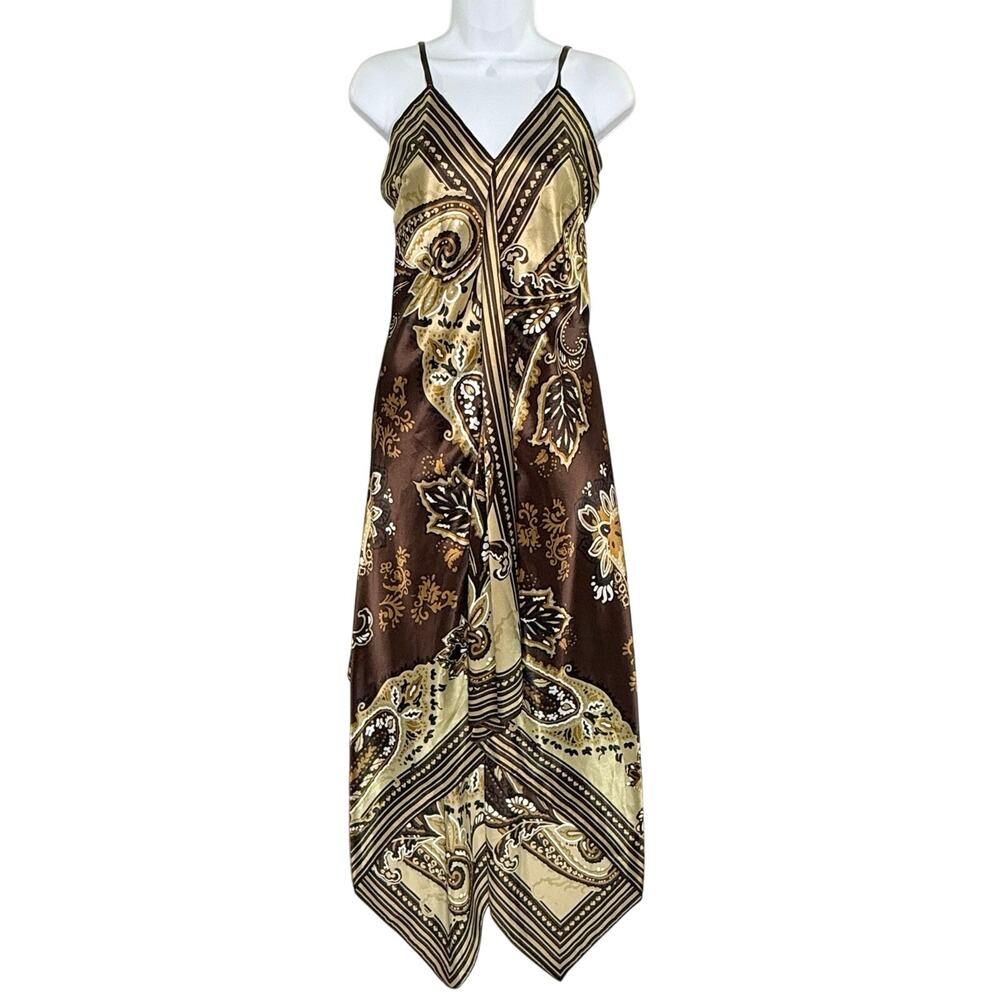 Liz Minelli Autumn Brown Floral Paisley Scarf Dress S Handkerchief Hem 70s Retro